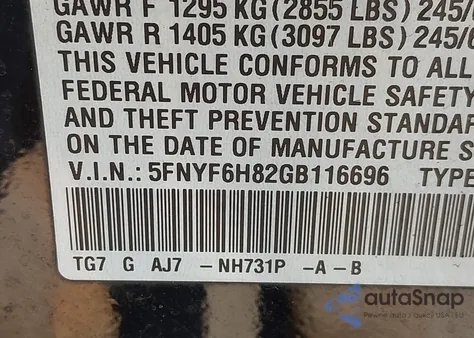 2016 Honda Pilot Ex-L из США, поврежденный, VIN 5FNYF6H82GB116696